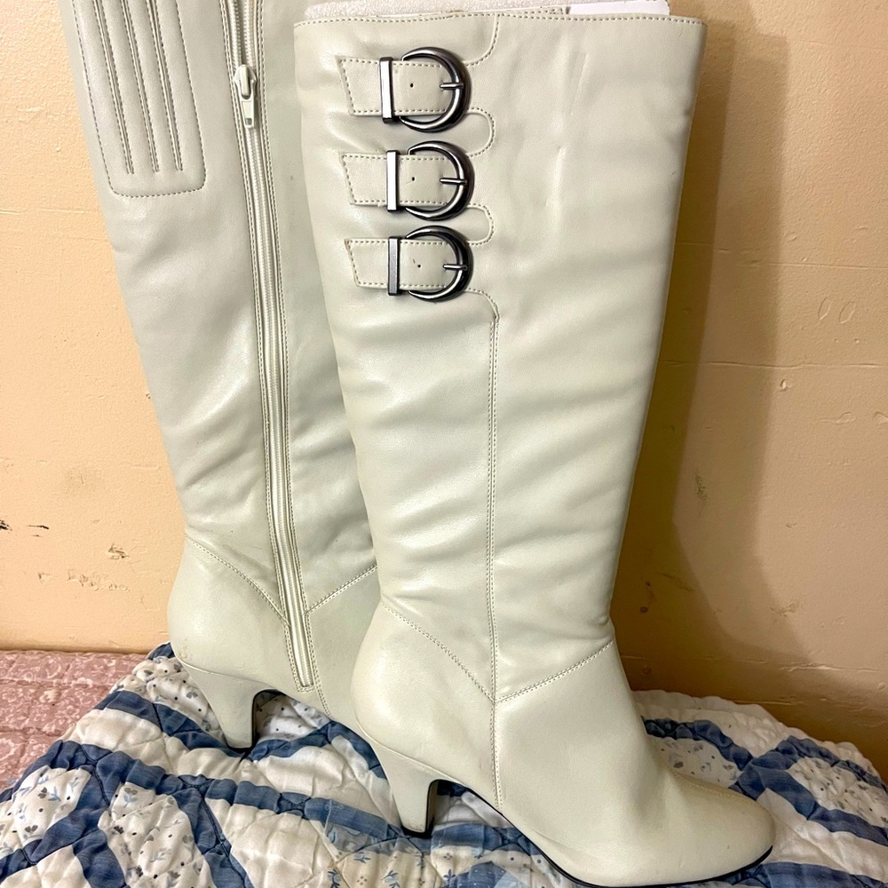 Off white leather knee boots